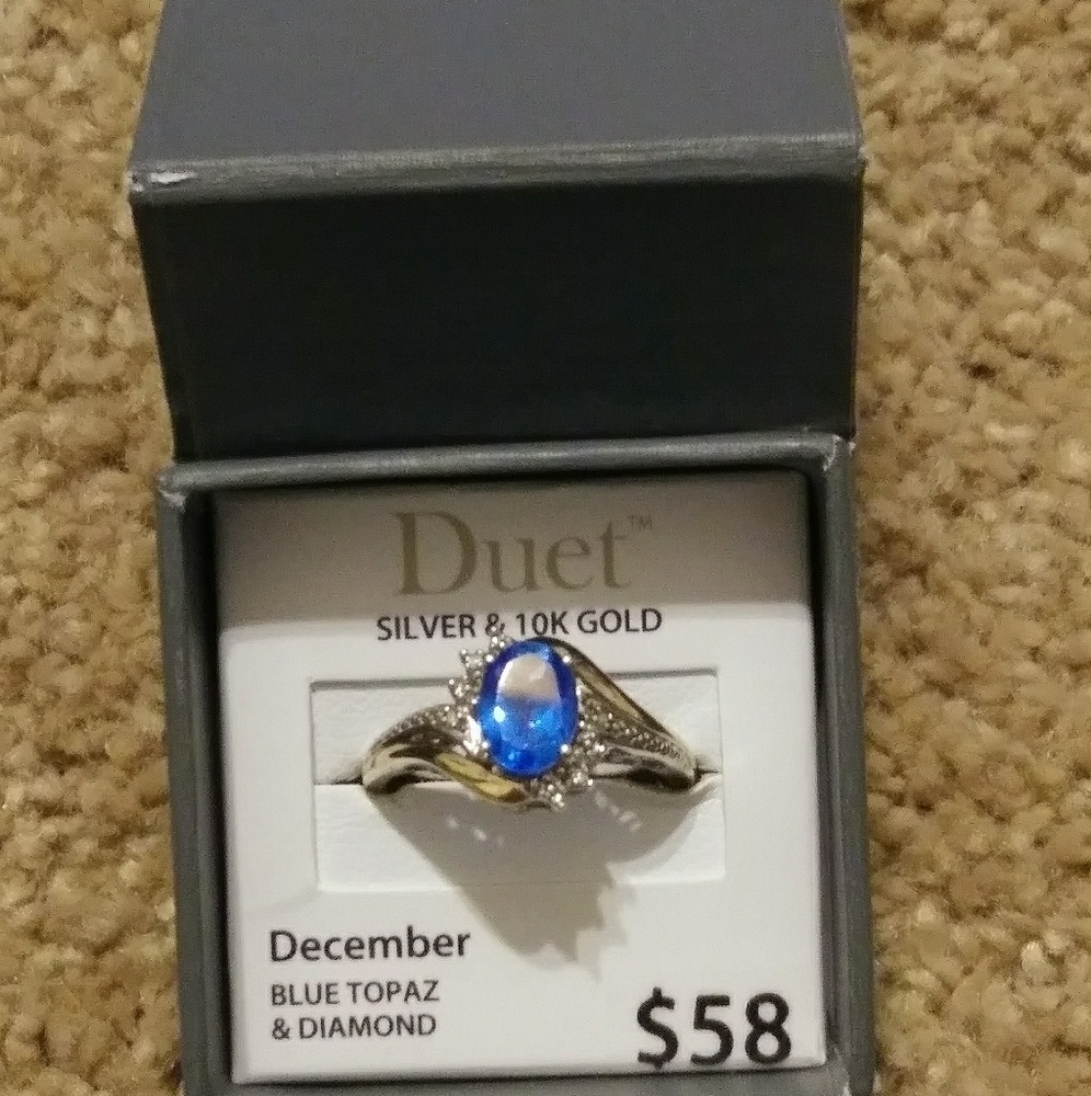 Duet blue topaz & diamond, 10k gold & silver ring